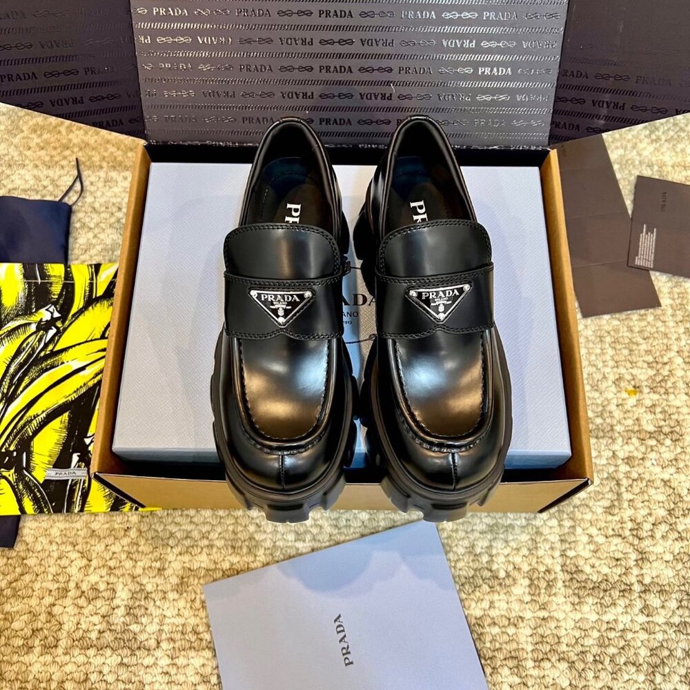 Prada Black Leather Loafers with Logo Detail